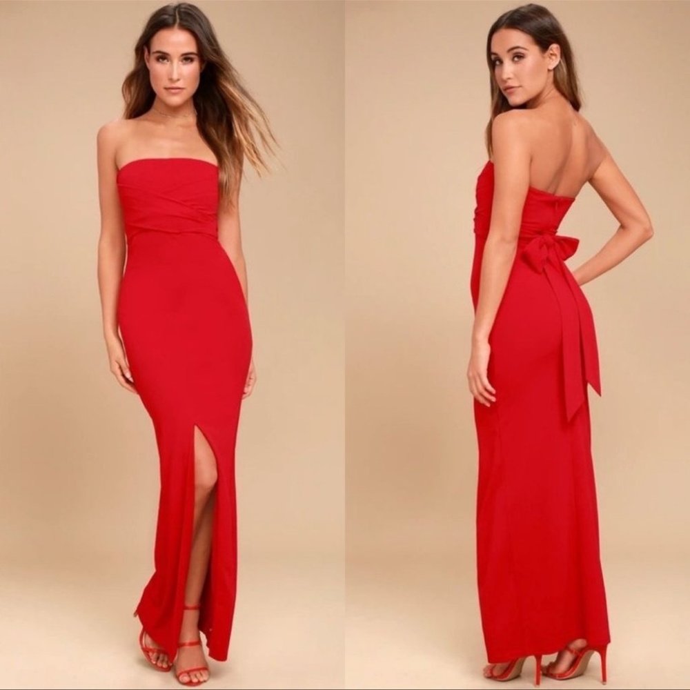 Red Strapless Maxi Dress High Leg Split By Lulus